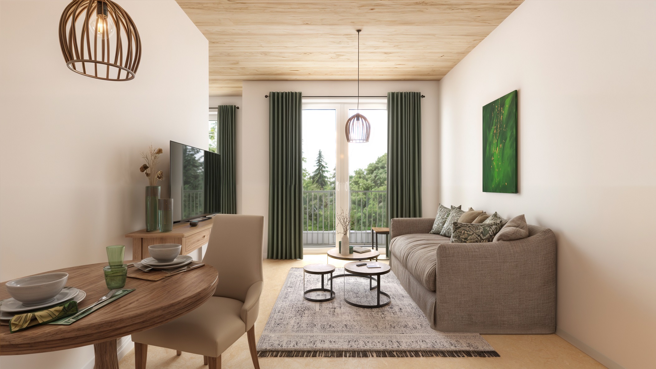 Wohnzimmer im Landhausstil mit Holzdecke